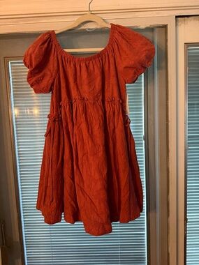 Women's Casual Puff-Sleeve Dress in Burnt Red
